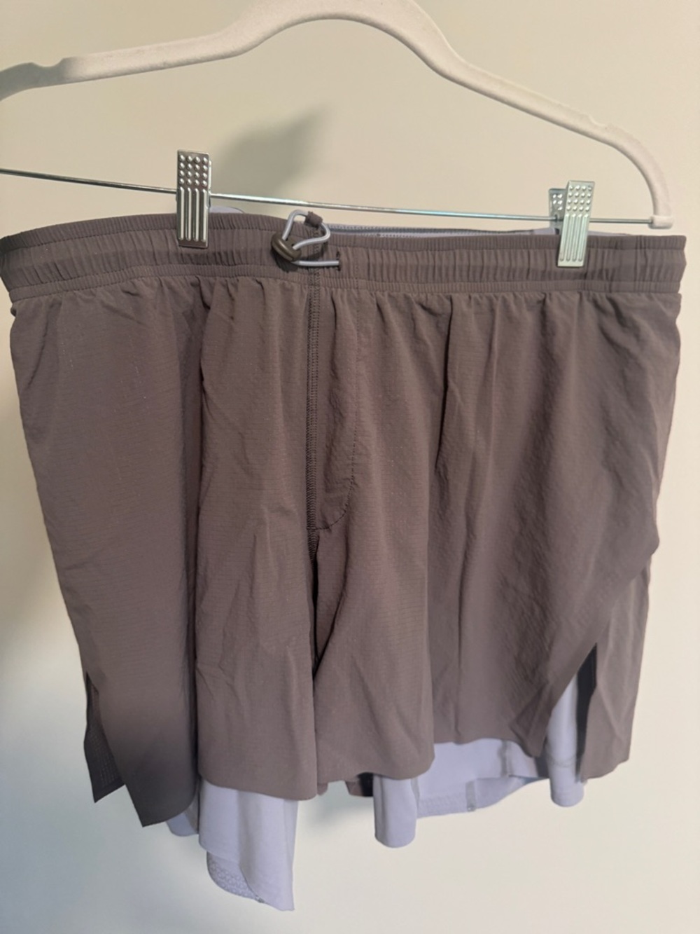 Outdoor Voices Men's Athletic Shorts in Taupe with Light Gray Liner